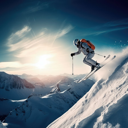 Jumping skier is skiing on the slopes of the mountains. Extreme winter sports in the mountains. Generative AIの素材