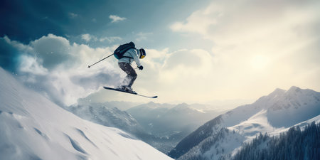 Jumping skier is skiing on the slopes of the mountains. Extreme winter sports in the mountains. Generative AIの素材
