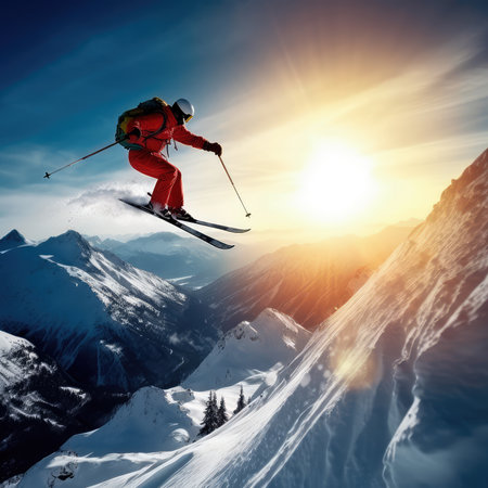 Jumping skier is skiing on the slopes of the mountains. Extreme winter sports in the mountains. Generative AIの素材
