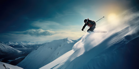 Jumping skier is skiing on the slopes of the mountains. Extreme winter sports in the mountains. Generative AIの素材