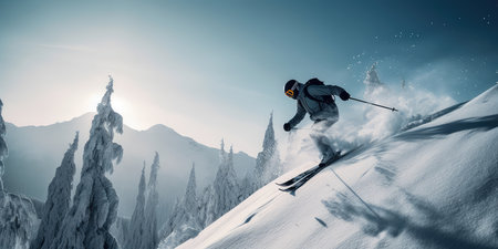 Jumping skier is skiing on the slopes of the mountains. Extreme winter sports in the mountains. Generative AIの素材
