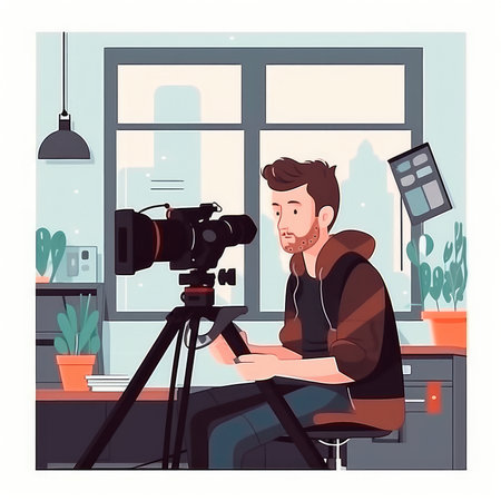 Television cameraman with a camera. A man managing television equipment, an interview. live broadcast. Generative AIの素材