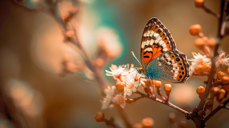 Close-up of a butterfly on a flower, a butterfly on a flower in the garden, a blurred background of a flower with a butterfly. A sense of beauty is created. Generative AIの素材