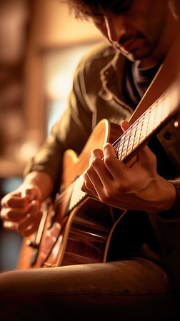 An illustration of a musician playing guitar with a blurry environment, creating a musical atmosphere. Generative AIの素材