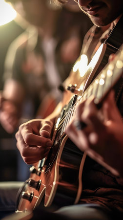 An illustration of a musician playing guitar with a blurry environment, creating a musical atmosphere. Generative AIの素材