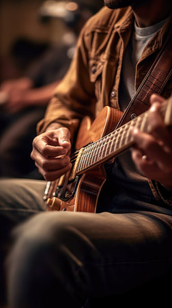 An illustration of a musician playing guitar with a blurry environment, creating a musical atmosphere. Generative AIの素材