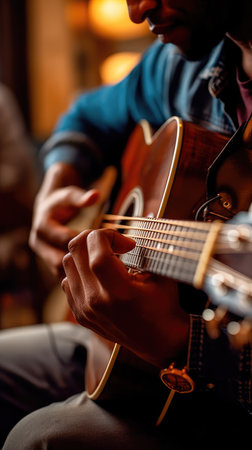 An illustration of a musician playing guitar with a blurry environment, creating a musical atmosphere. Generative AIの素材