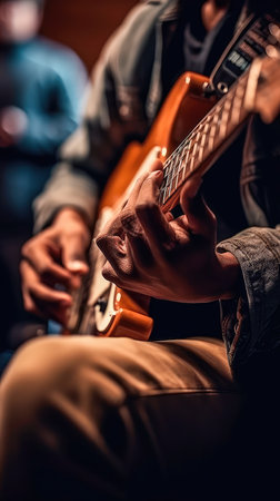An illustration of a musician playing guitar with a blurry environment, creating a musical atmosphere. Generative AIの素材