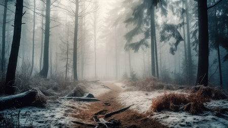 An illustration of a snow-covered forest with haze and fog, creating a magical atmosphere. Generative AIの素材