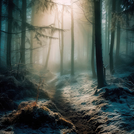 An illustration of a snow-covered forest with haze and fog, creating a magical atmosphere. Generative AIの素材