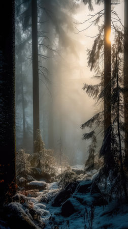 An illustration of a snow-covered forest with haze and fog, creating a magical atmosphere. Generative AIの素材