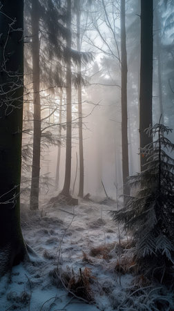 An illustration of a snow-covered forest with haze and fog, creating a magical atmosphere. Generative AIの素材