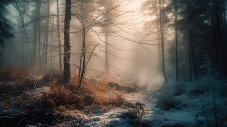 An illustration of a snow-covered forest with haze and fog, creating a magical atmosphere. Generative AIの素材