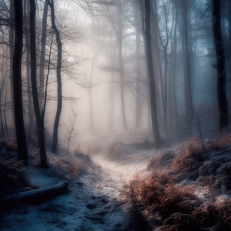 An illustration of a snow-covered forest with haze and fog, creating a magical atmosphere. Generative AIの素材