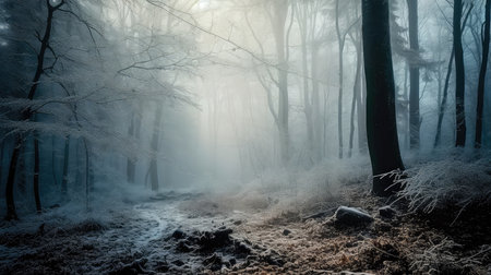 An illustration of a snow-covered forest with haze and fog, creating a magical atmosphere. Generative AIの素材