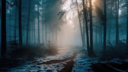An illustration of a snow-covered forest with haze and fog, creating a magical atmosphere. Generative AIの素材