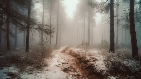 An illustration of a snow-covered forest with haze and fog, creating a magical atmosphere. Generative AIの素材