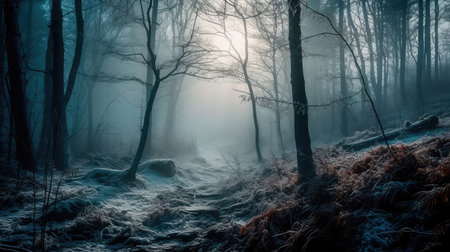 An illustration of a snow-covered forest with haze and fog, creating a magical atmosphere. Generative AIの素材