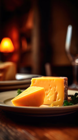 Plate with various varieties of delicious cheese on a wooden table with a blurry environment, creating a rustic atmosphere. Generative AIの素材