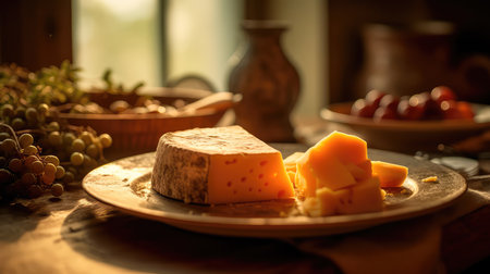 Plate with various varieties of delicious cheese on a wooden table with a blurry environment, creating a rustic atmosphere. Generative AIの素材