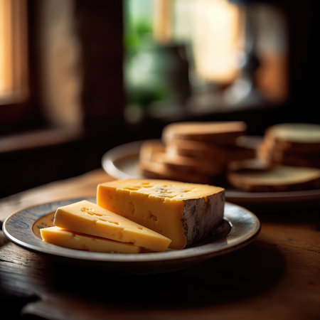 Plate with various varieties of delicious cheese on a wooden table with a blurry environment, creating a rustic atmosphere. Generative AIの素材
