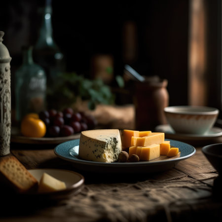 Plate with various varieties of delicious cheese on a wooden table with a blurry environment, creating a rustic atmosphere. Generative AIの素材