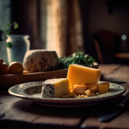 Plate with various varieties of delicious cheese on a wooden table with a blurry environment, creating a rustic atmosphere. Generative AIの素材