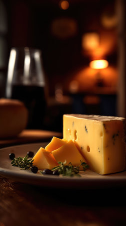 Plate with various varieties of delicious cheese on a wooden table with a blurry environment, creating a rustic atmosphere. Generative AIの素材