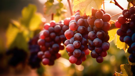 Bunch of grapes hanging from a tree branch in a vineyard at sunset. Generative AIの素材