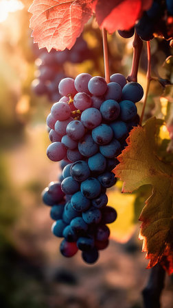 Bunch of grapes hanging from a tree branch in a vineyard at sunset. Generative AIの素材
