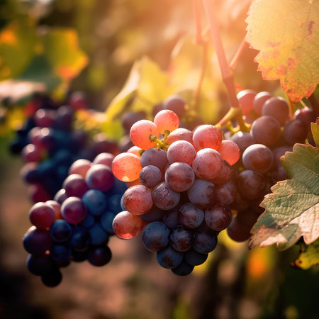 Bunch of grapes hanging from a tree branch in a vineyard at sunset. Generative AIの素材