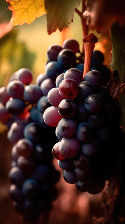 Bunch of grapes hanging from a tree branch in a vineyard at sunset. Generative AIの素材