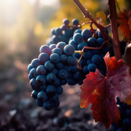 Bunch of grapes hanging from a tree branch in a vineyard at sunset. Generative AIの素材