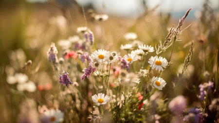 Multi-colored beautiful wildflowers bloom on a green meadow. warm summer evening. Generative AIの素材