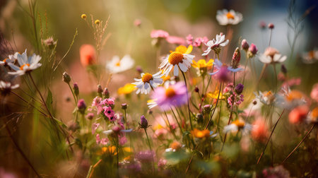 Multi-colored beautiful wildflowers bloom on a green meadow. warm summer evening. Generative AIの素材