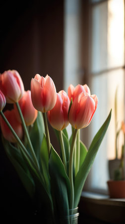 Beautiful spring bouquet of colorful tulips on the windowsill, creating a romantic atmosphere. Generative AIの素材