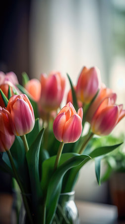 Beautiful spring bouquet of colorful tulips on the windowsill, creating a romantic atmosphere. Generative AIの素材