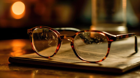 Pair of glasses lying on an old book. The library is in the background. Books and glasses. Generative AIの素材