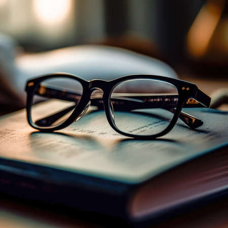 Pair of glasses lying on an old book. The library is in the background. Books and glasses. Generative AIの素材