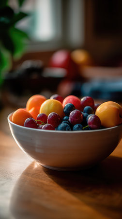 Vase with fresh fruit stands on a wooden table and blurred surroundings, creates a favorable atmosphere. Generative AIの素材