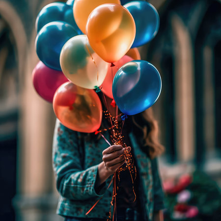 Woman holding a bouquet of balloons with a blurry environment, creating a festive atmosphere. Generative AIの素材