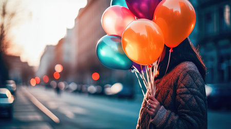 Woman holding a bouquet of balloons with a blurry environment, creating a festive atmosphere. Generative AIの素材
