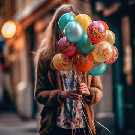 Woman holding a bouquet of balloons with a blurry environment, creating a festive atmosphere. Generative AIの素材