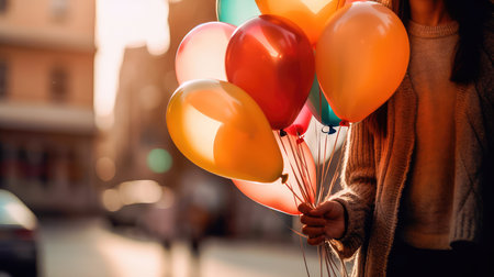 Woman holding a bouquet of balloons with a blurry environment, creating a festive atmosphere. Generative AIの素材