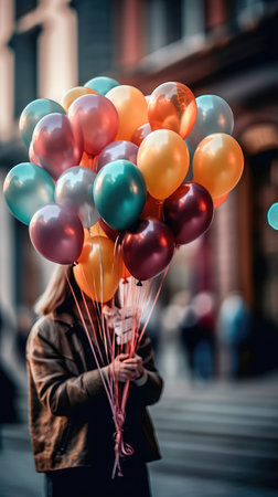Woman holding a bouquet of balloons with a blurry environment, creating a festive atmosphere. Generative AIの素材