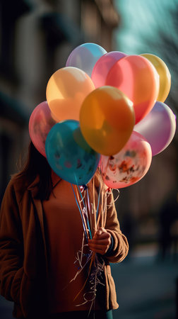 Woman holding a bouquet of balloons with a blurry environment, creating a festive atmosphere. Generative AIの素材