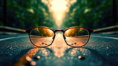 Clear illustration of the road leading to the light source behind the glasses, with a blurred background. Generative AIの素材