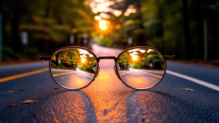 Clear illustration of the road leading to the light source behind the glasses, with a blurred background. Generative AIの素材