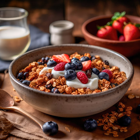 Bowl of homemade granola, sprinkled with fresh berries and yogurt, served with honey. Healthy and nutritious taste of breakfast dishes. Generative AIの素材