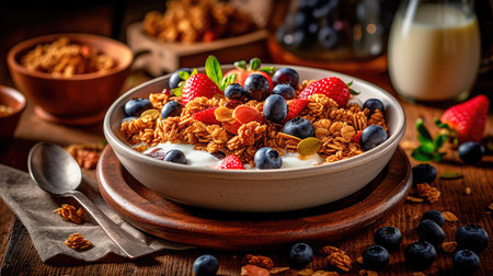 Bowl of homemade granola, sprinkled with fresh berries and yogurt, served with honey. Healthy and nutritious taste of breakfast dishes. Generative AIの素材
